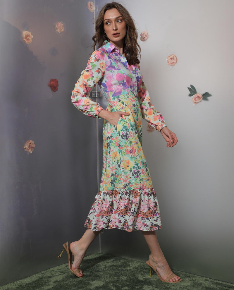 Rareism Women Caliista Multi Viscose Fabric Full Sleeves Button Closure Shirt Collar Regular Fit Floral Print Maxi Tiered Dress