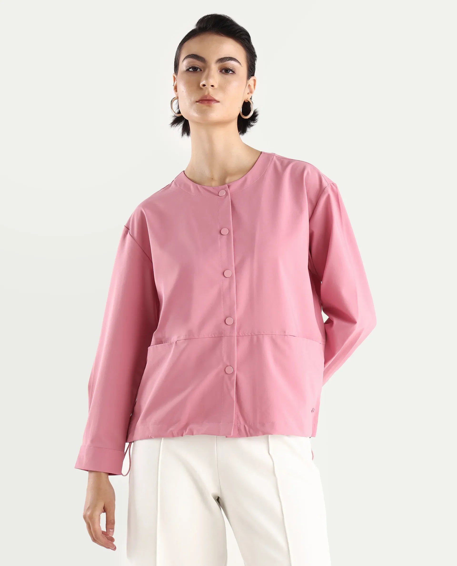 Rareism Women's Indow Dusky Pink Round Neck Plain Cuffed Sleeve Regular Fit Jacket