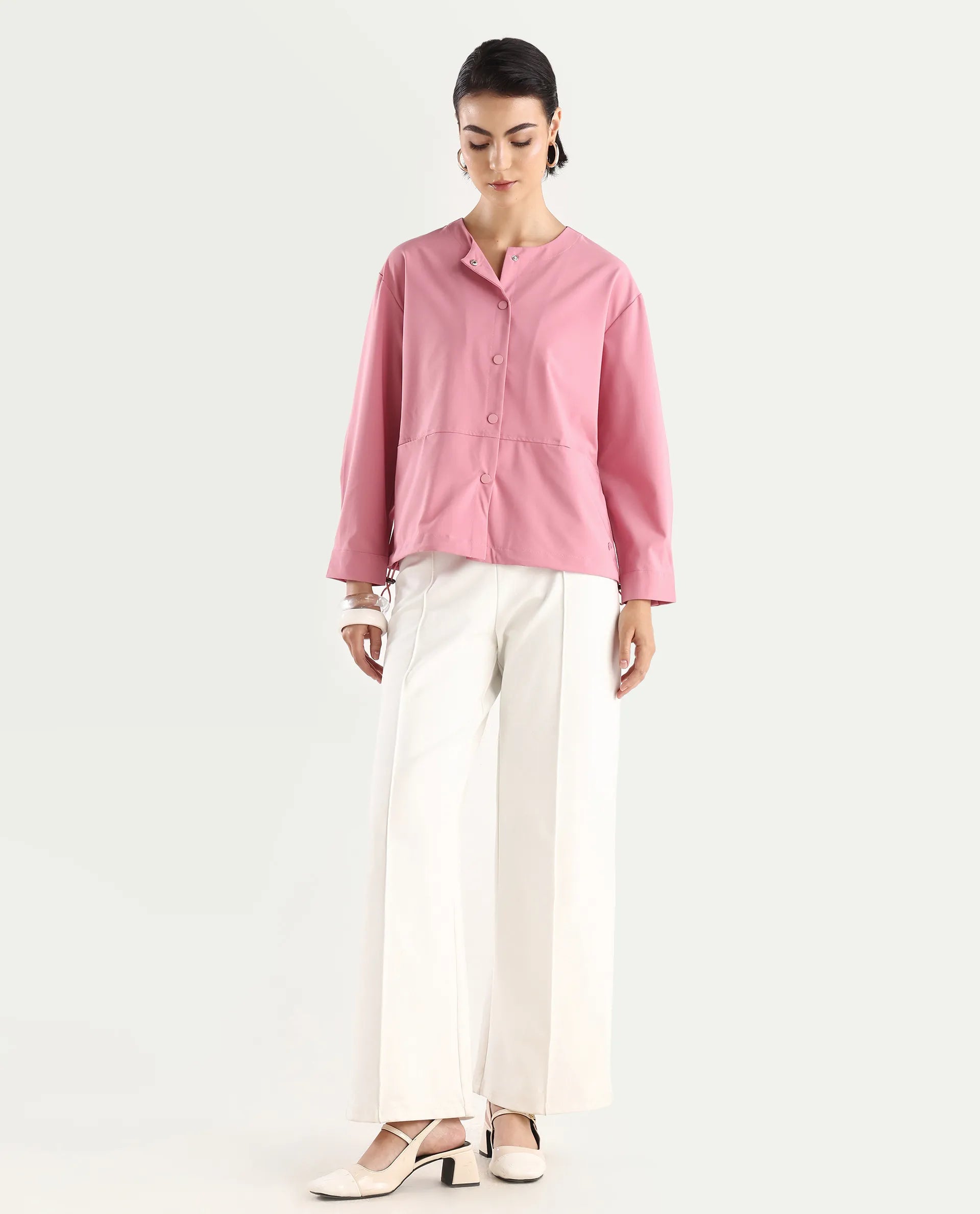 Rareism Women's Indow Dusky Pink Round Neck Plain Cuffed Sleeve Regular Fit Jacket