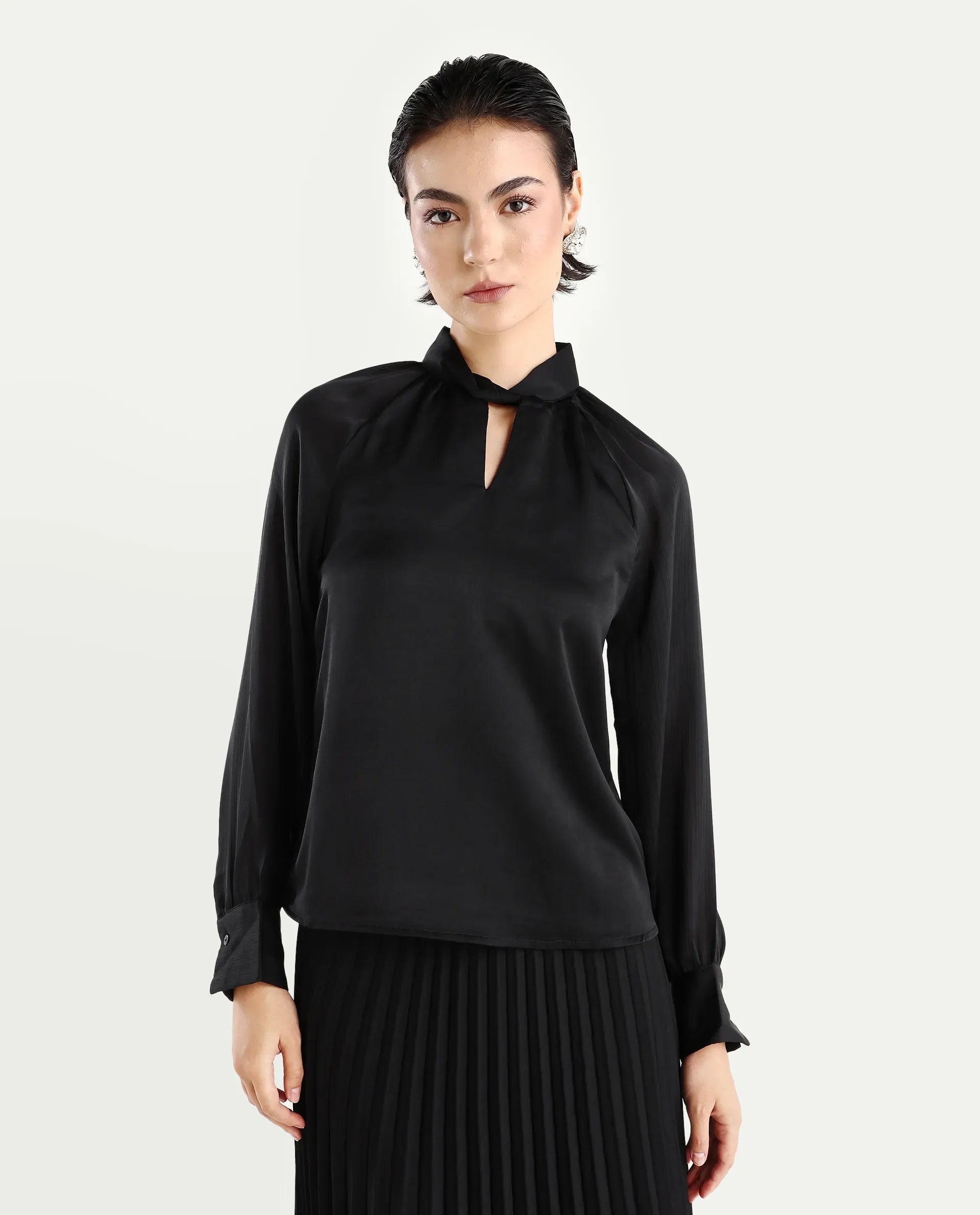Rareism Women's Innoga Black Satin High Neck Plain Cuffed Sleeve Regular Fit Top