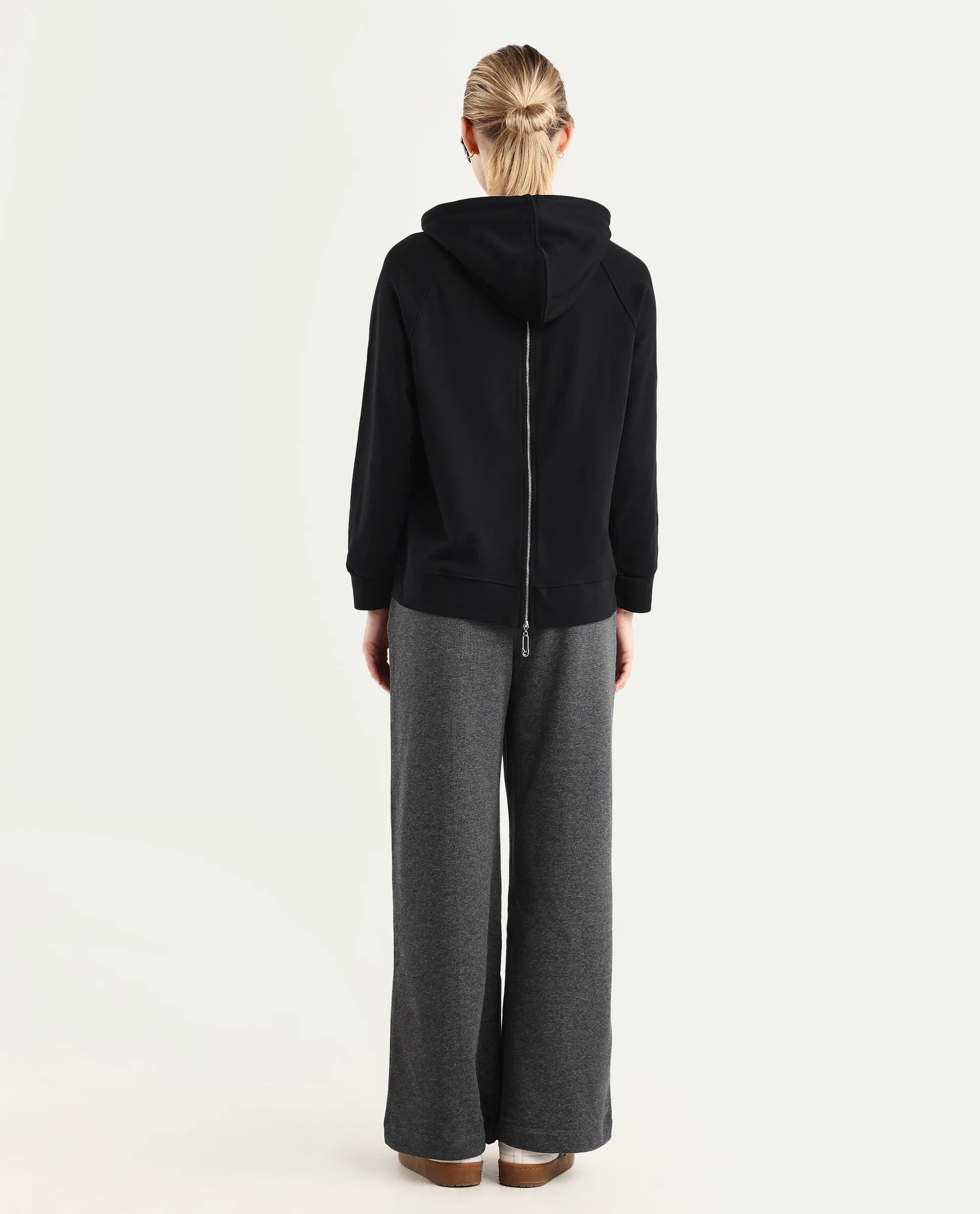 Rareism Women's Inout Dark Grey Cotton Blend Plain Ankle Length Wide Track Pant