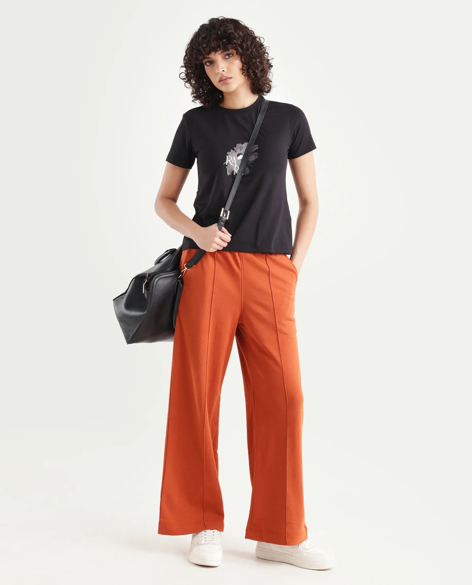 Rareism Women's Inout Rust Cotton Blend Plain Ankle Length Wide Track Pant