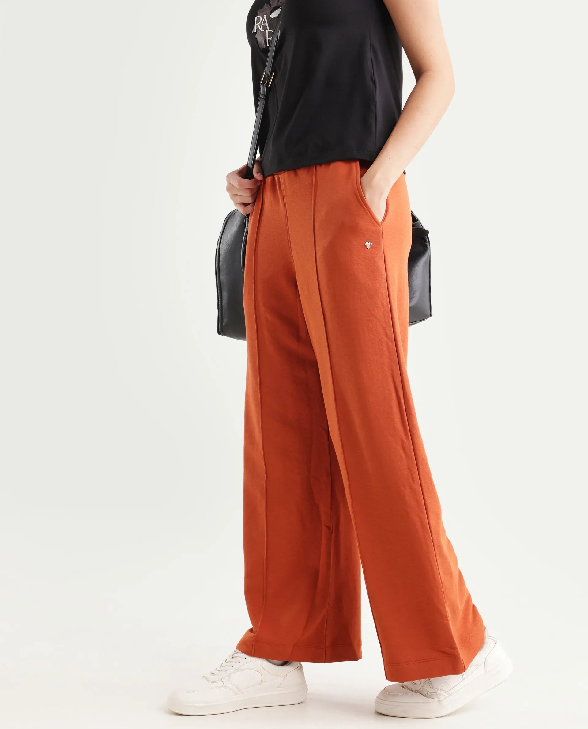 Rareism Women's Inout Rust Cotton Blend Plain Ankle Length Wide Track Pant