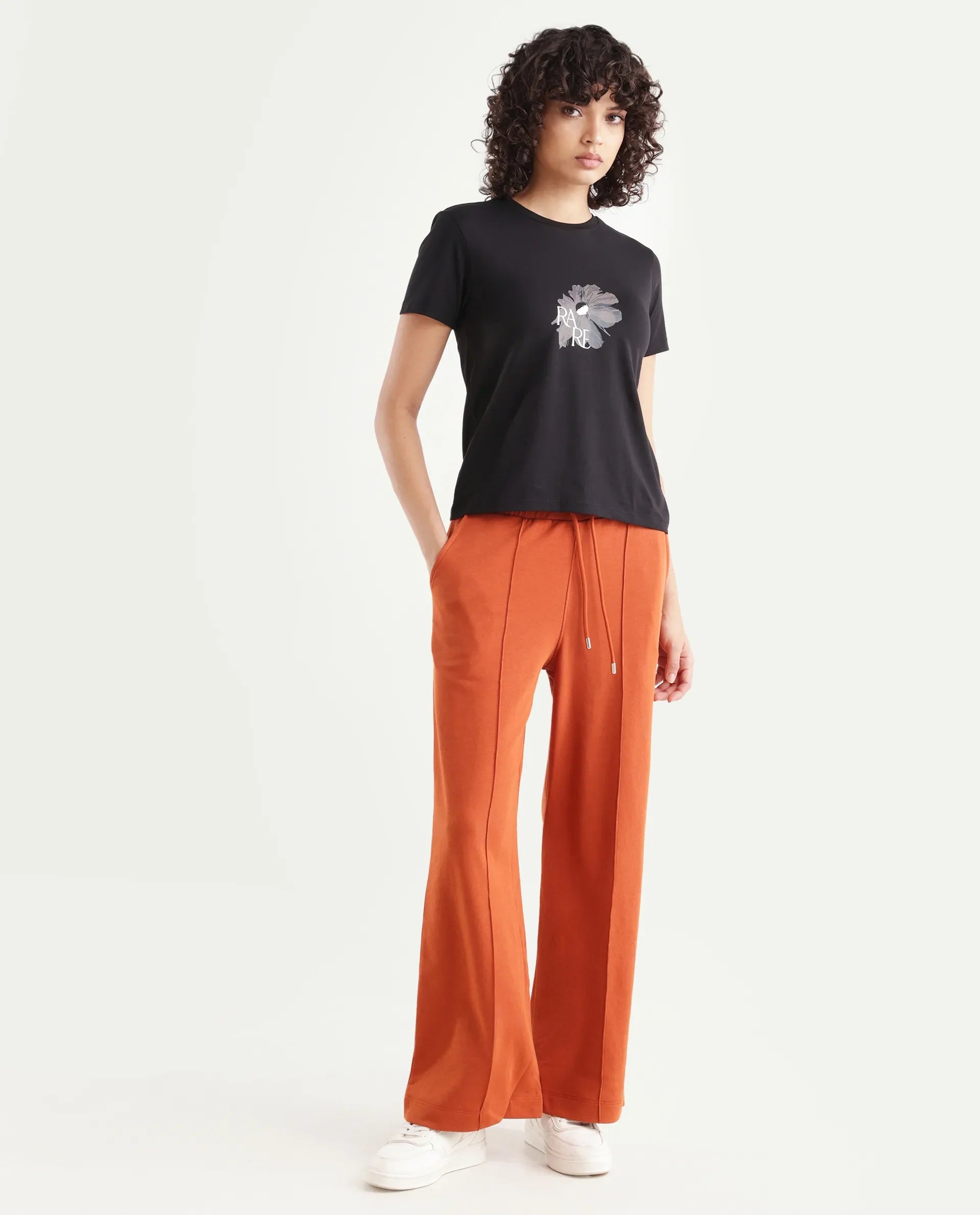 Rareism Women's Inout Rust Cotton Blend Plain Ankle Length Wide Track Pant