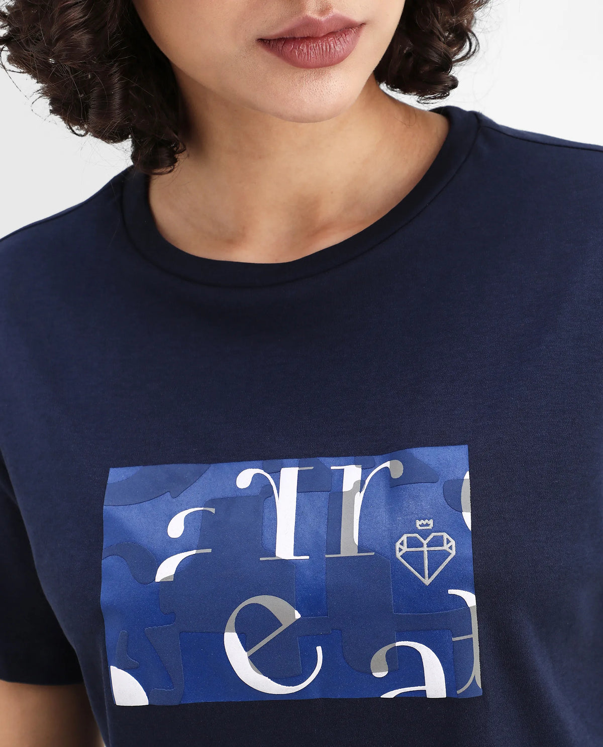 Rareism Women's Iolet Blue Cotton Crew Neck Graphic Print Regular Fit T-Shirt