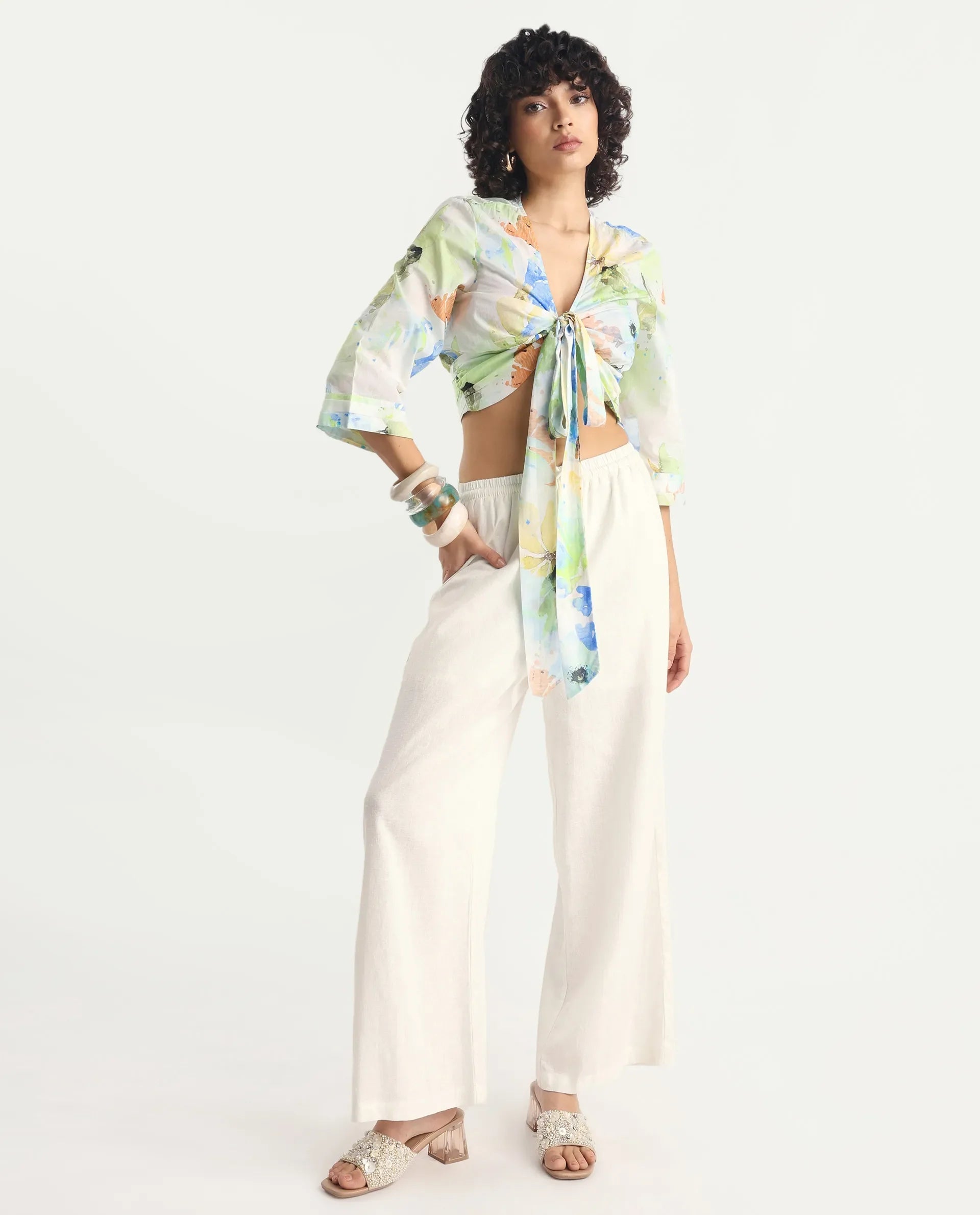 Rareism Women's Ireen Multi Cotton V-Neck Abstract Print Bell Sleeve Crop Regular Fit Top