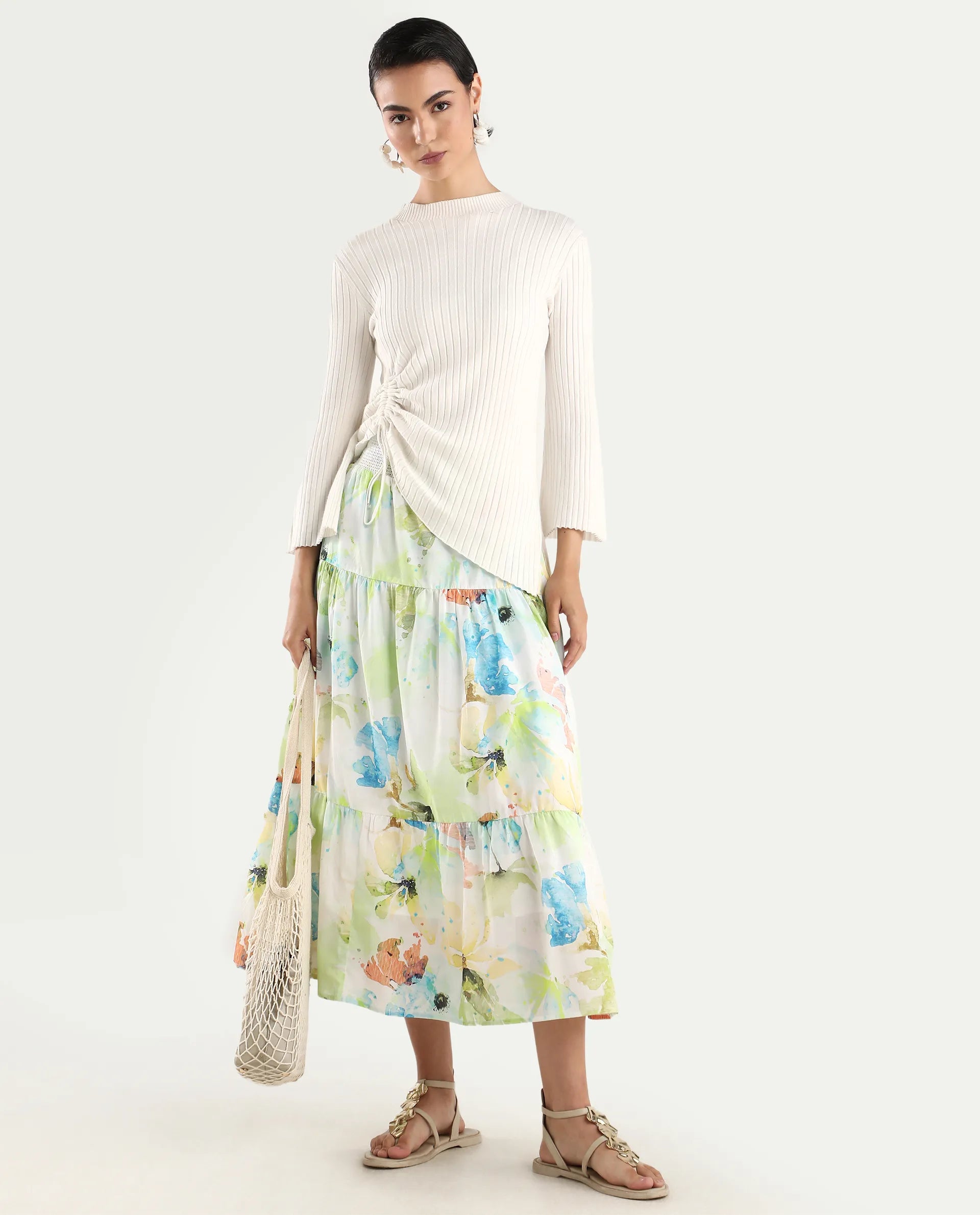 Rareism Women's Irina Multi Cotton Abstract Print Midi Flared Skirt