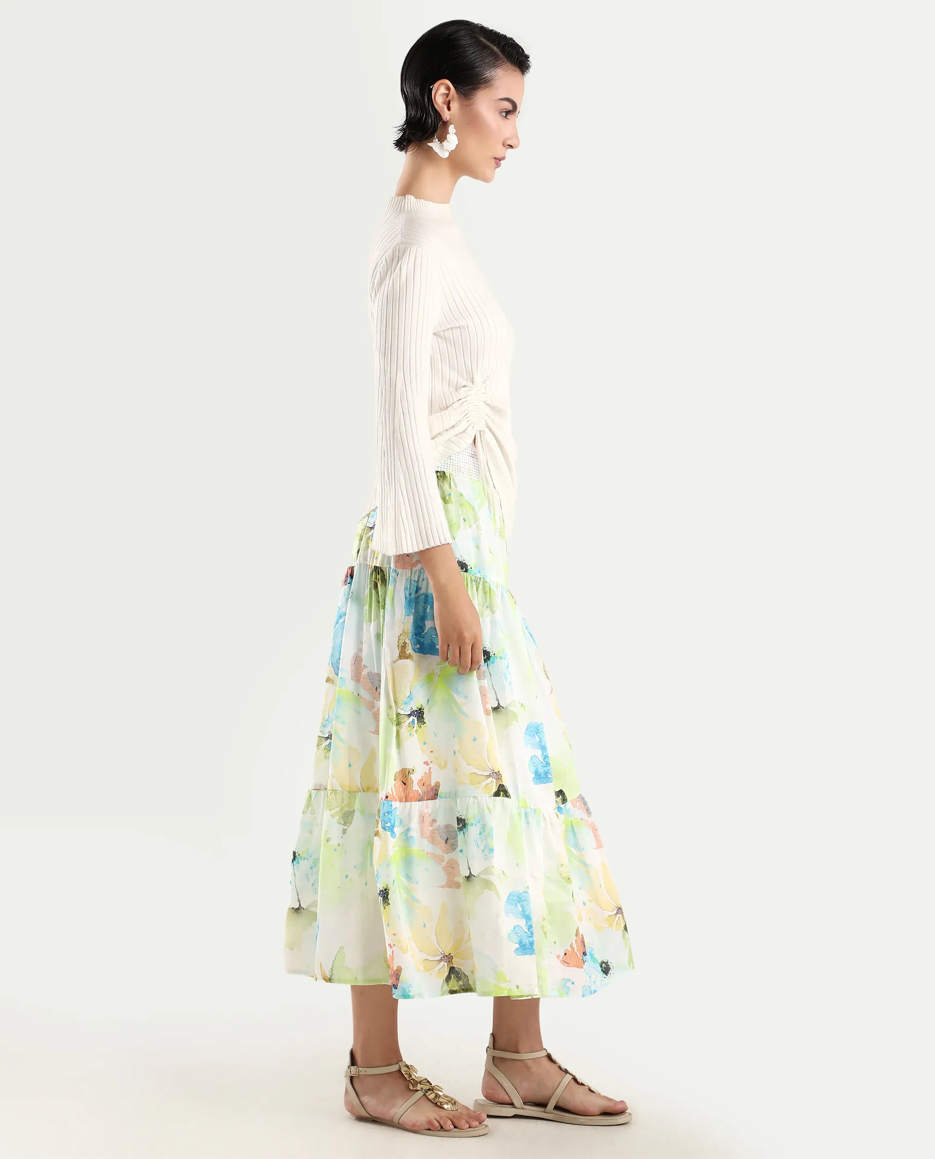 Rareism Women's Irina Multi Cotton Abstract Print Midi Flared Skirt