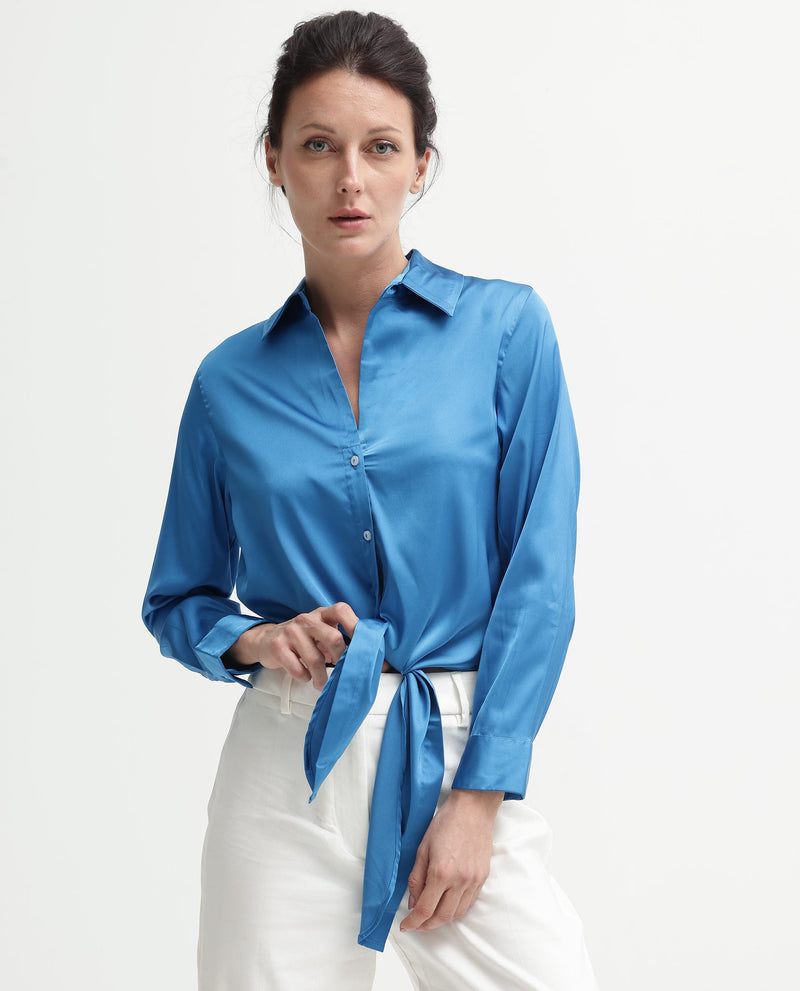 Rareism Women Irteen Flouroscent Blue Polyester Fabric Regular Sleeves Collared Neck Solid Regular Length Top