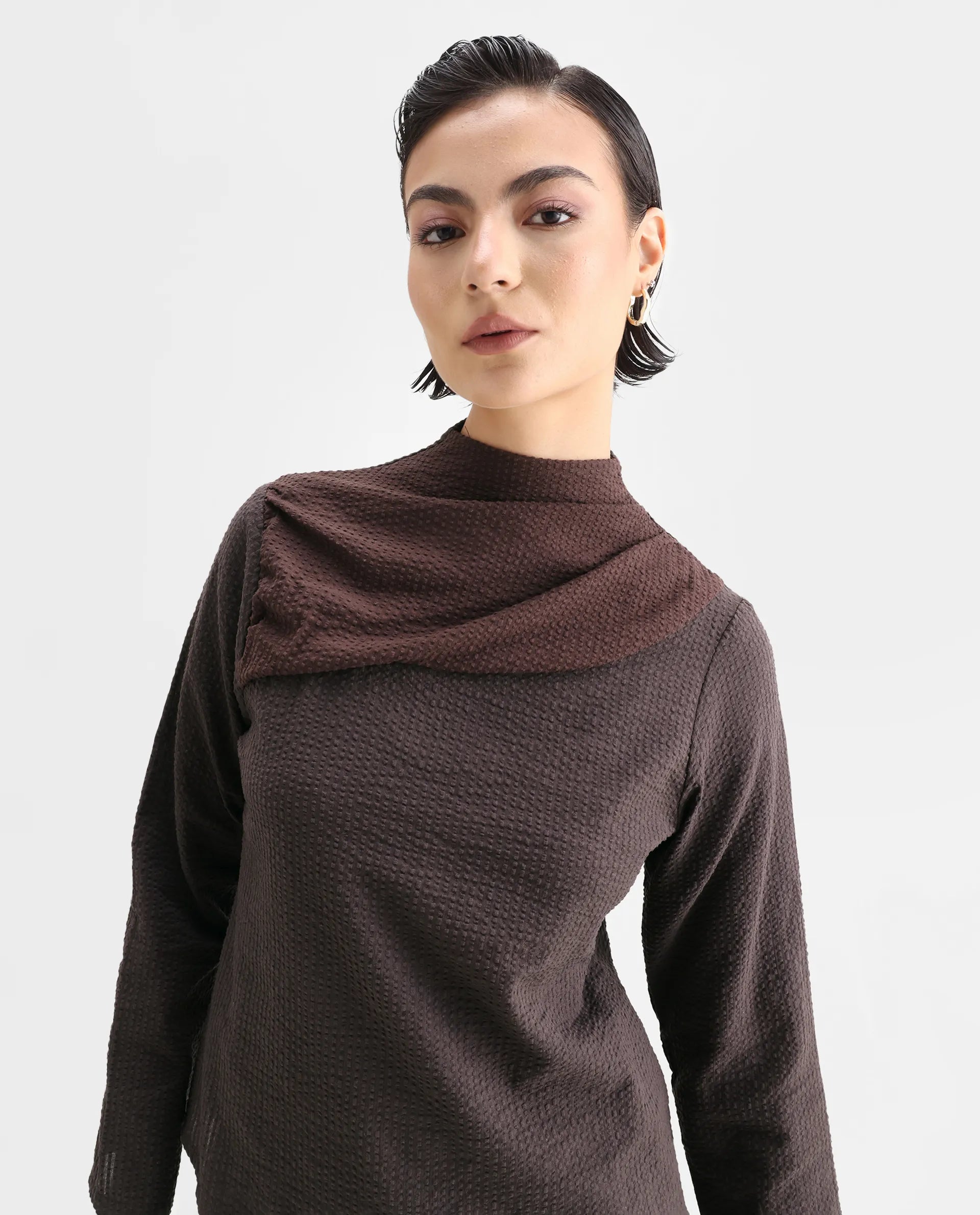 Rareism Women's Isro Brown Cotton High Neck Plain Regular Fit Top