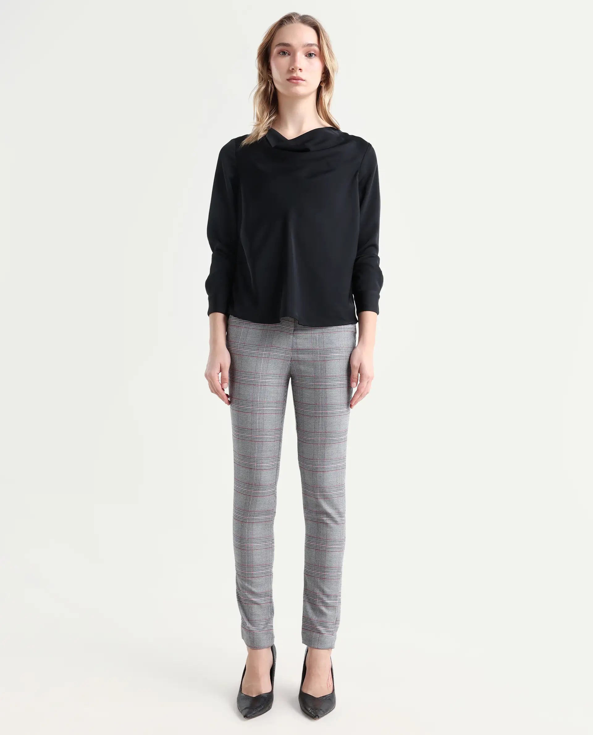 Rareism Women's Issac Beige Checked Knee Length Slim Fit Trouser