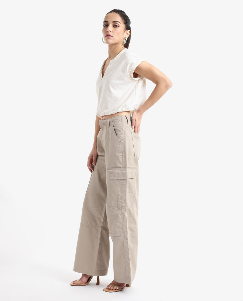 Rareism Women Itsiz Off Beige Wide Ankle Length Broad Stripes Cargo Trouser