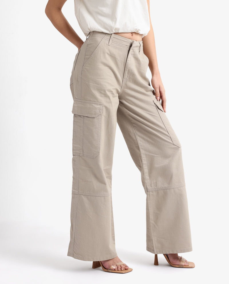 Rareism Women Itsiz Off Beige Wide Ankle Length Broad Stripes Cargo Trouser