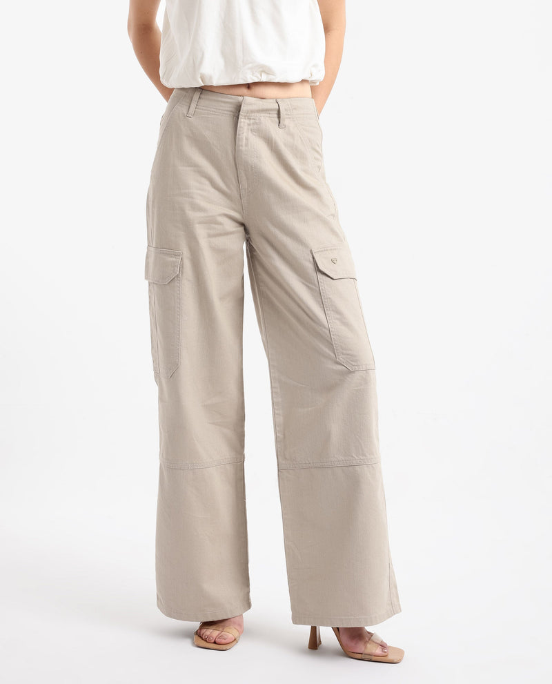 Rareism Women Itsiz Off Beige Wide Ankle Length Broad Stripes Cargo Trouser