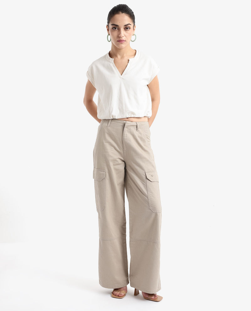 Rareism Women Itsiz Off Beige Wide Ankle Length Broad Stripes Cargo Trouser