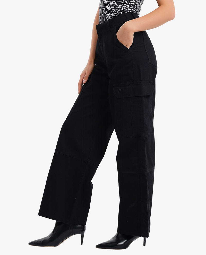 Rareism Women Itsiz Black Wide Ankle Length Broad Stripes Cargo Trouser