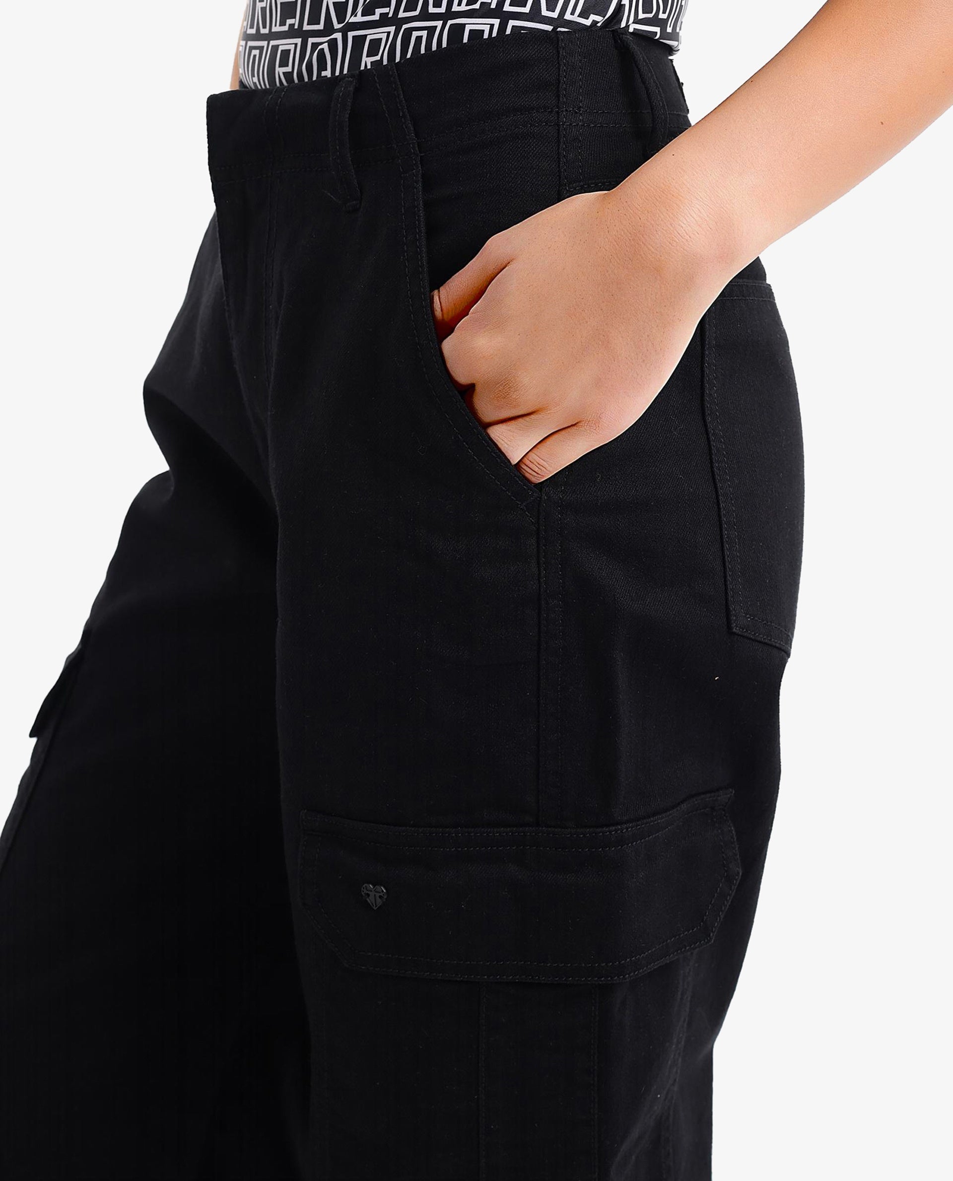 Rareism Women Itsiz Black Wide Ankle Length Broad Stripes Cargo Trouser