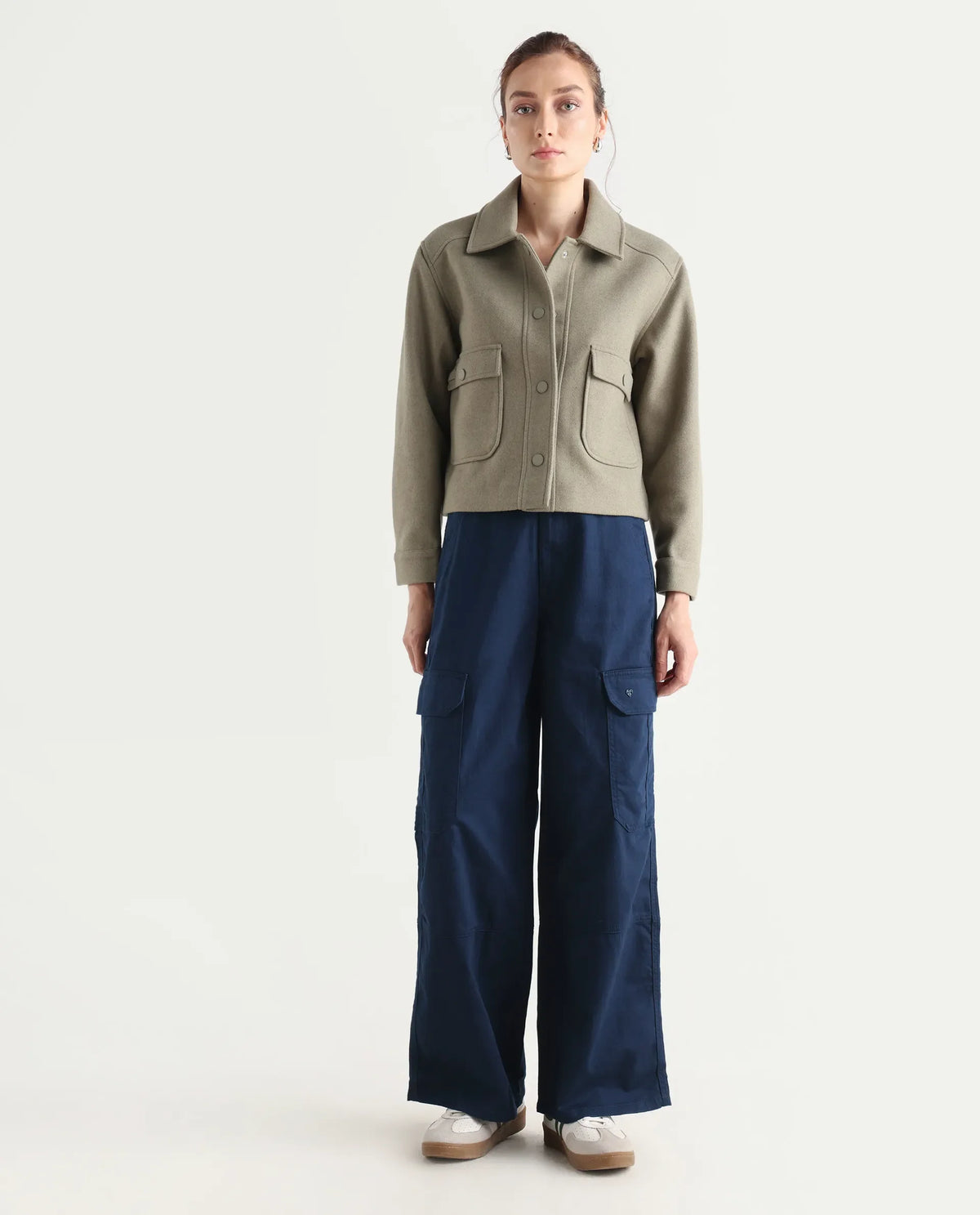 Rareism Women's Itsiz Navy Cotton Plain Ankle Length Wide Leg Trouser
