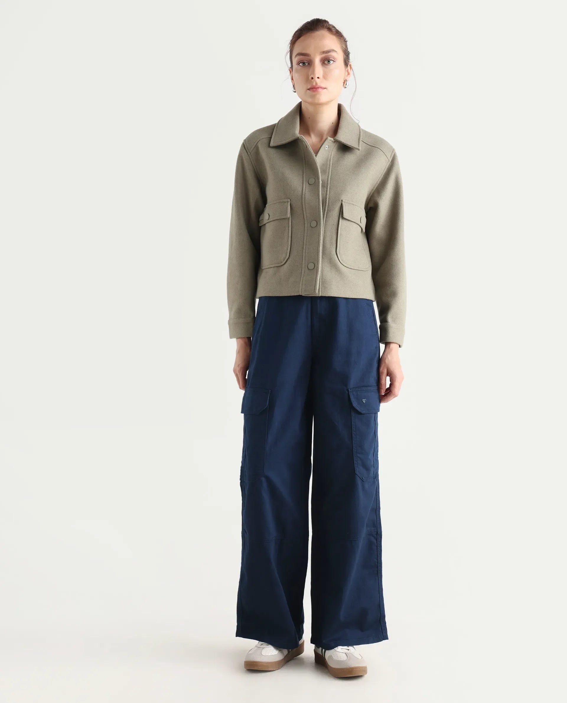 Rareism Women's Itsiz Navy Cotton Plain Ankle Length Wide Leg Trouser