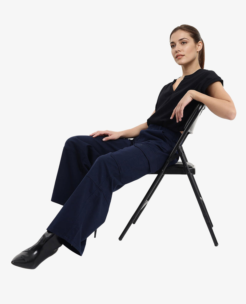 Rareism Women Itsiz Navy Wide Ankle Length Broad Stripes Cargo Trouser