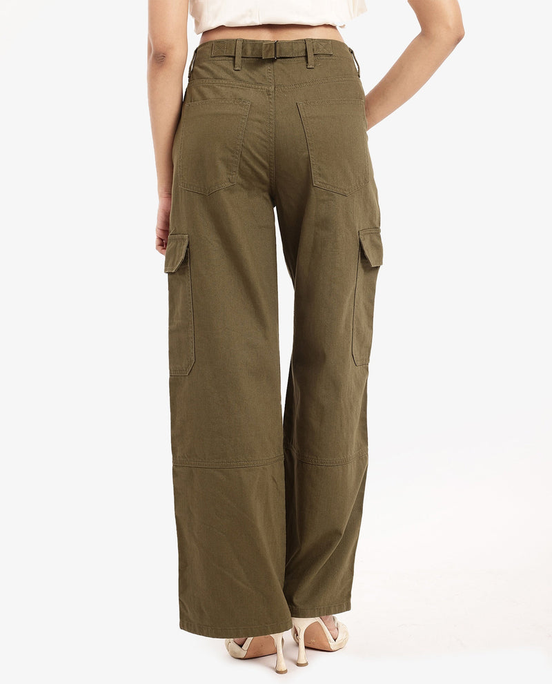 Rareism Women Itsiz Olive Wide Wide Ankle Length Broad Stripes Cargo Trouser