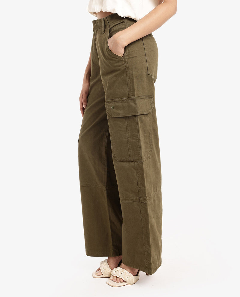 Rareism Women Itsiz Olive Wide Wide Ankle Length Broad Stripes Cargo Trouser