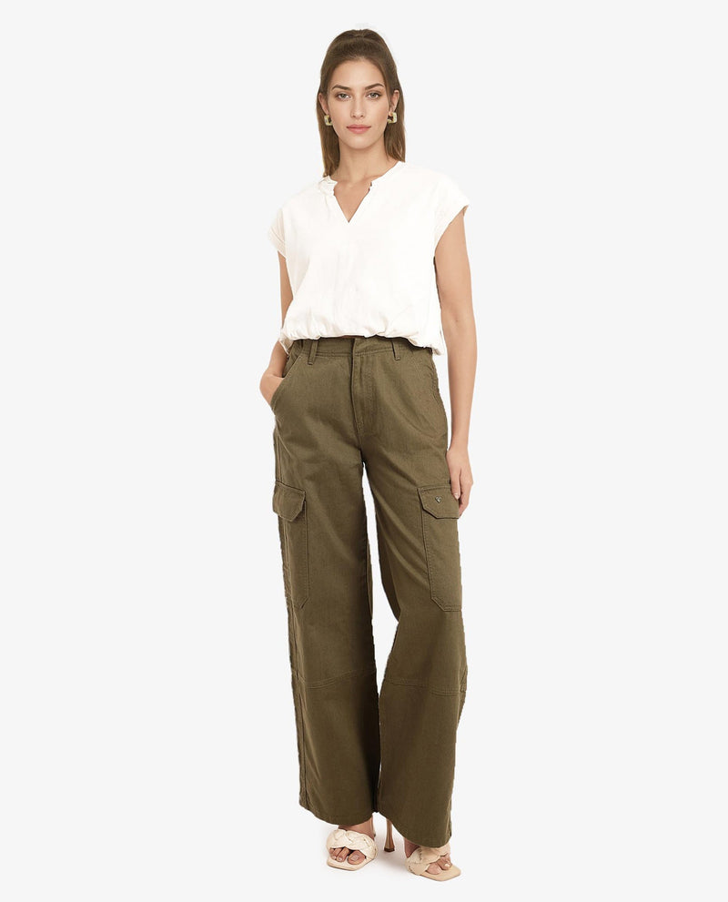 Rareism Women Itsiz Olive Wide Wide Ankle Length Broad Stripes Cargo Trouser