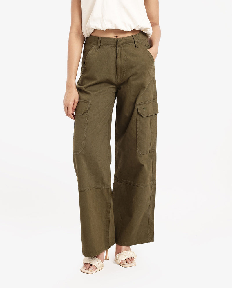 Rareism Women Itsiz Olive Wide Wide Ankle Length Broad Stripes Cargo Trouser