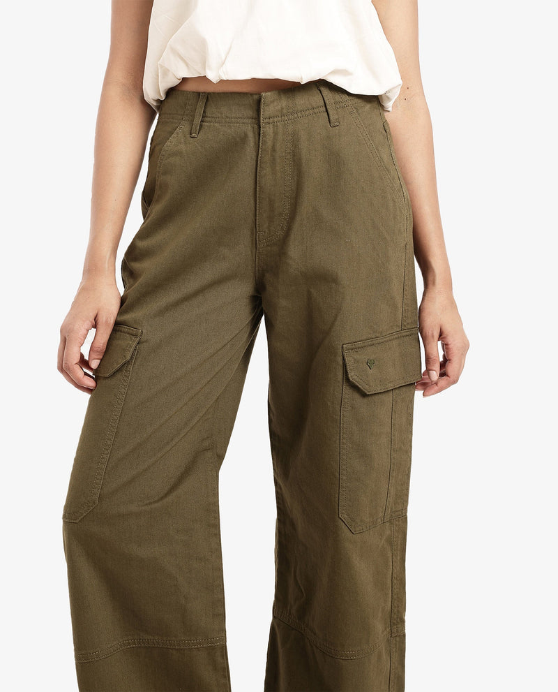 Rareism Women Itsiz Olive Wide Wide Ankle Length Broad Stripes Cargo Trouser