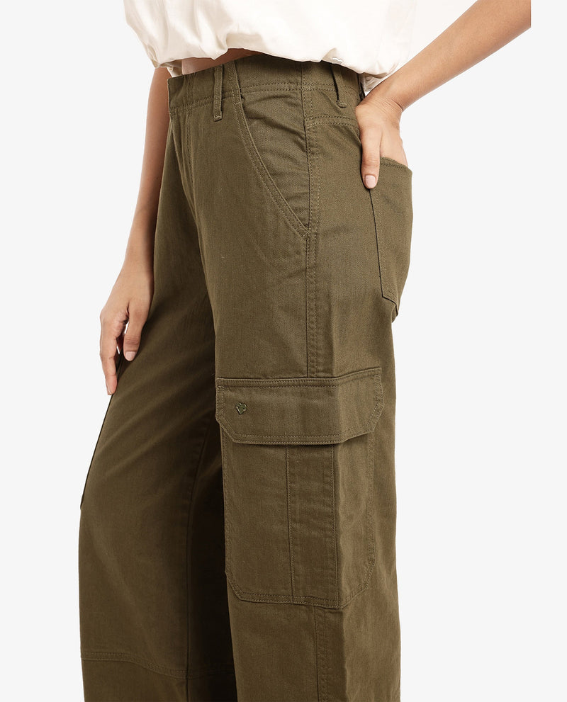 Rareism Women Itsiz Olive Wide Wide Ankle Length Broad Stripes Cargo Trouser