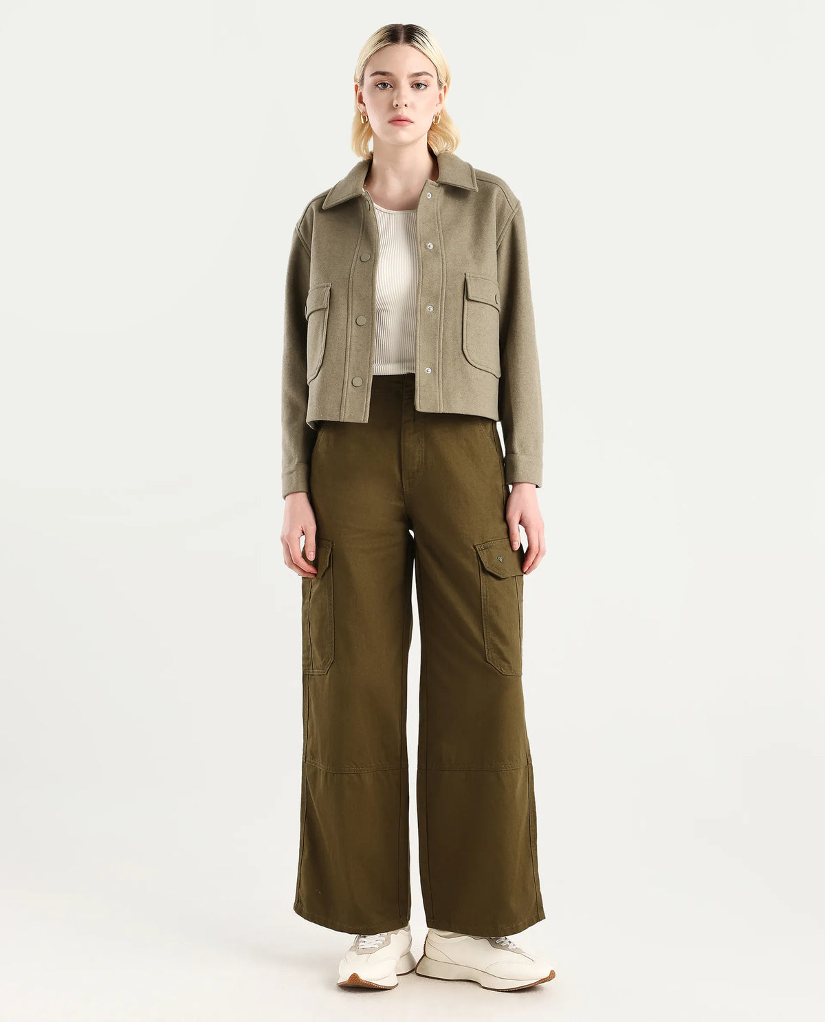 Rareism Women's Itsiz Olive Cotton Plain Ankle Length Wide Trouser