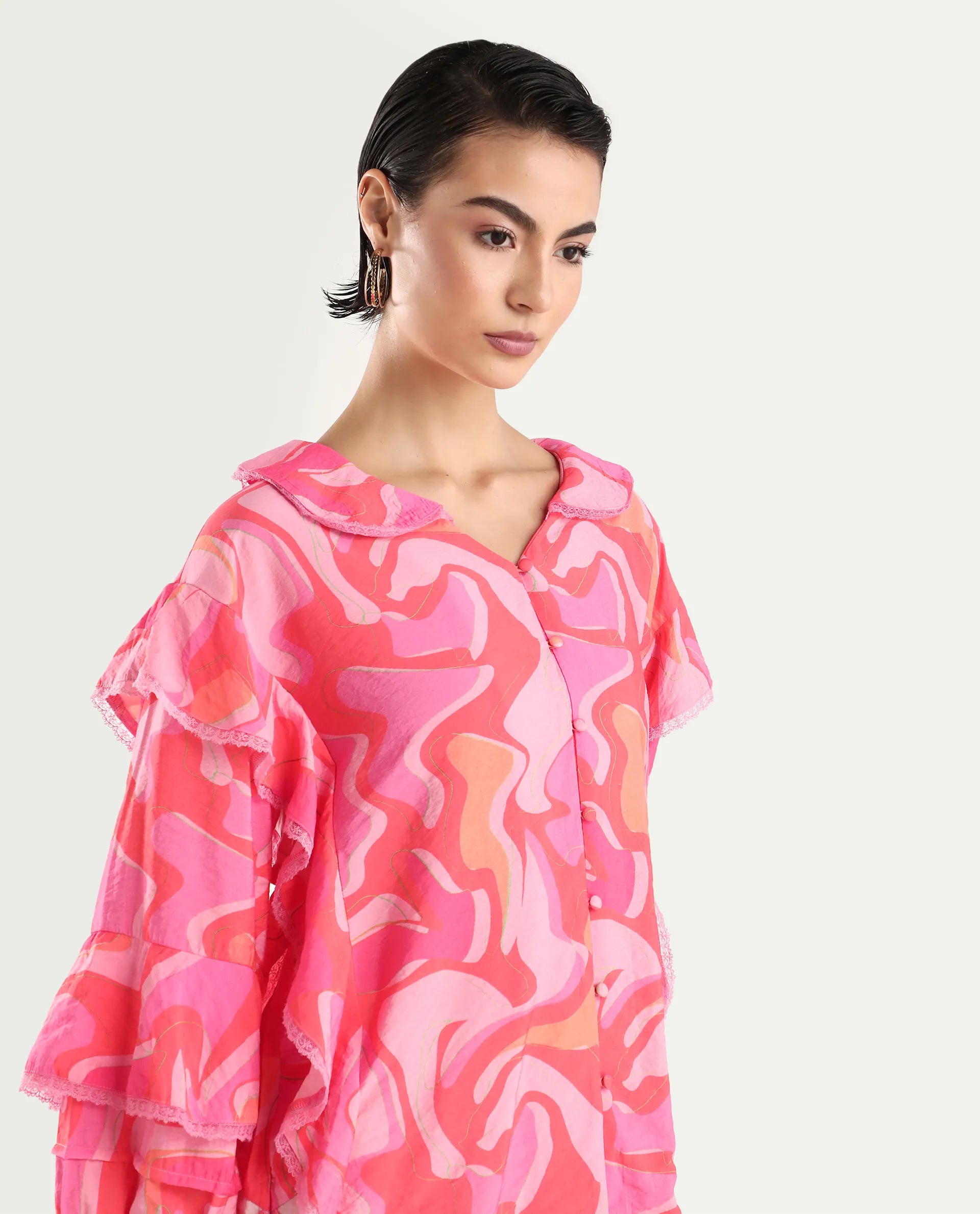 Rareism Women's Ivan Multi Viscose Blend Peter Pan Collar Abstract Print Bishop Sleeve Regular Fit Top