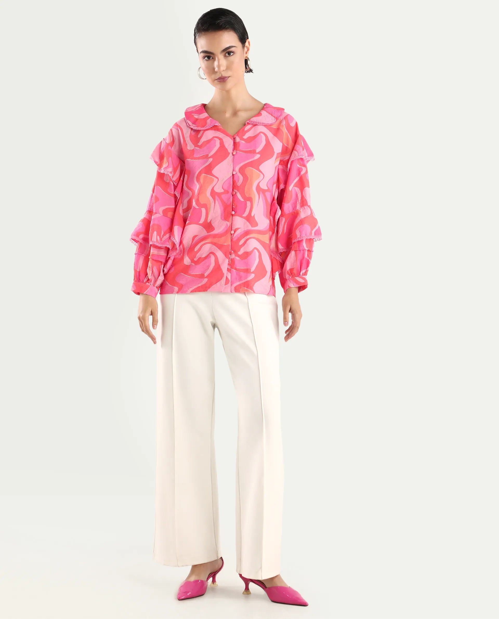 Rareism Women's Ivan Multi Viscose Blend Peter Pan Collar Abstract Print Bishop Sleeve Regular Fit Top