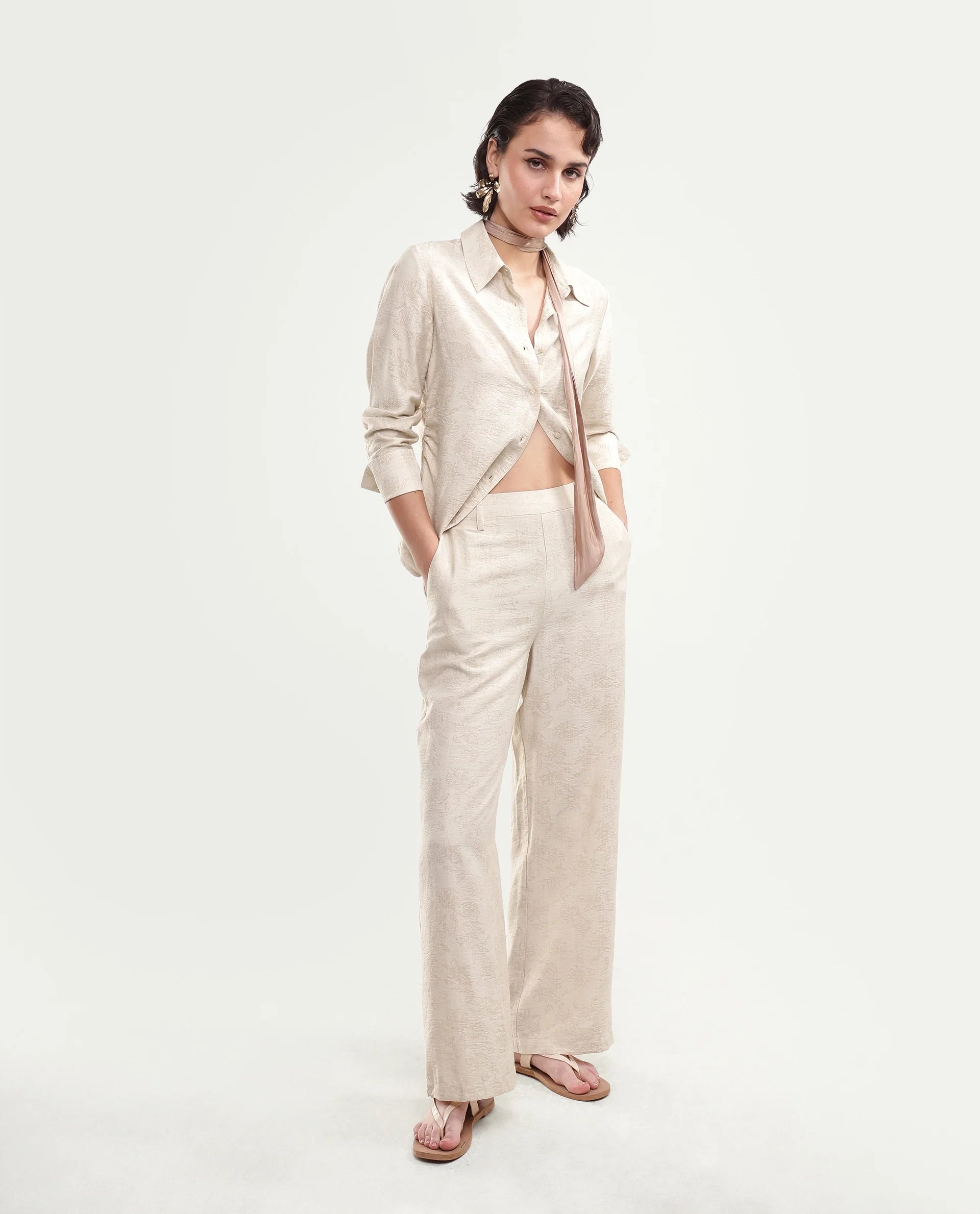 Rareism Women's Ivish-B Primary Beige Viscose Blend Pull-On Wide Leg Jacquard Trouser