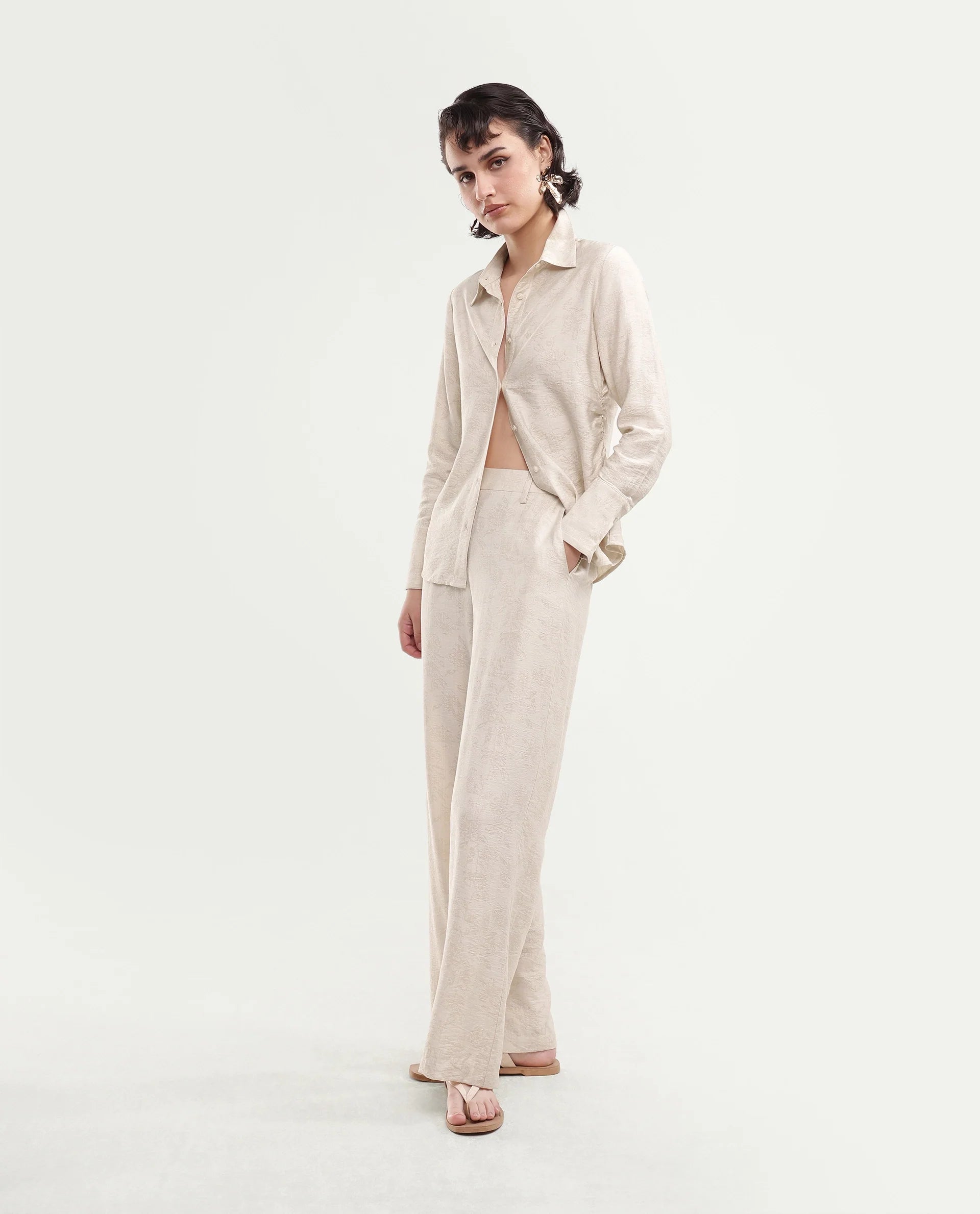 Rareism Women's Ivish-B Primary Beige Viscose Blend Pull-On Wide Leg Jacquard Trouser