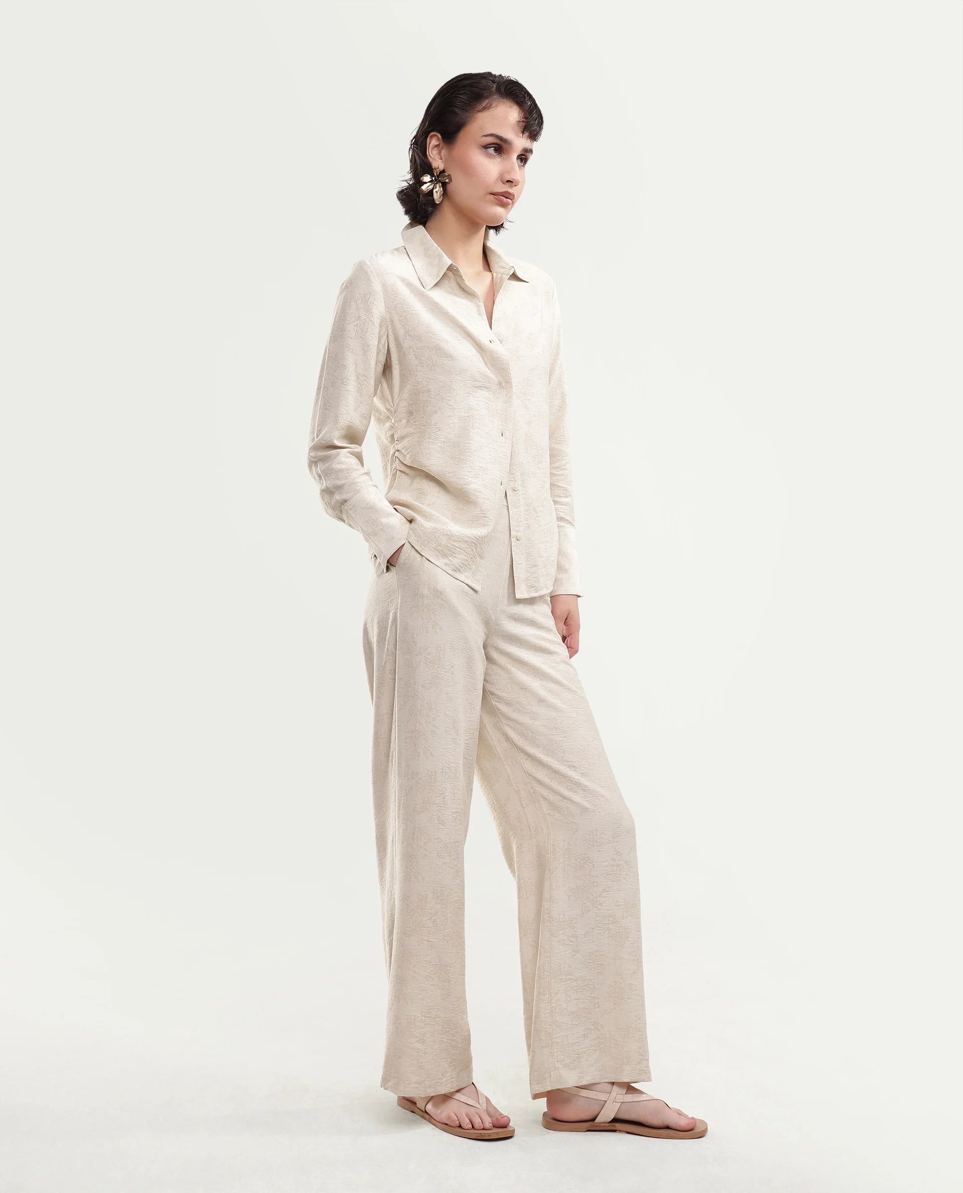 Rareism Women's Ivish-B Primary Beige Viscose Blend Pull-On Wide Leg Jacquard Trouser