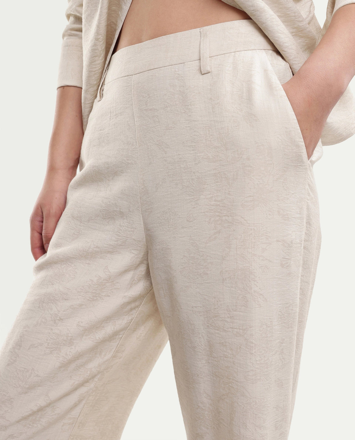 Rareism Women's Ivish-B Primary Beige Viscose Blend Pull-On Wide Leg Jacquard Trouser