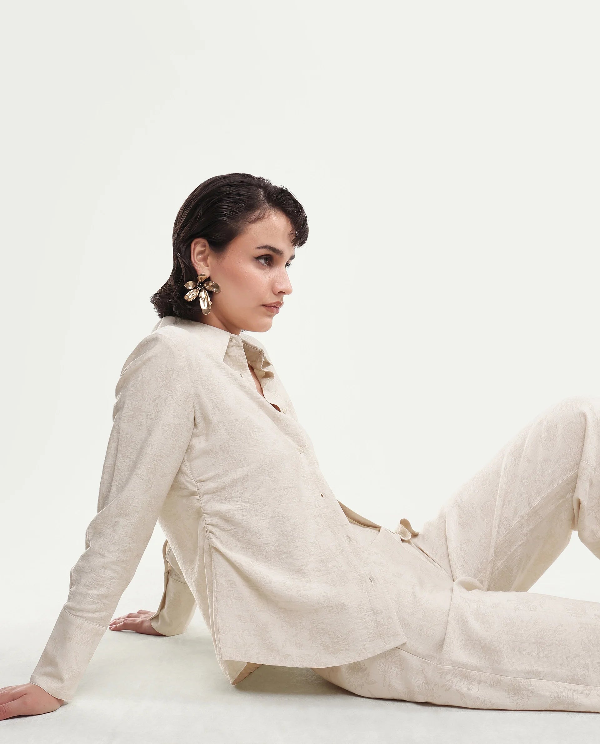 Rareism Women's Ivish-T Primary Beige Viscose Blend Spread Collar Button Regular Jacquard Shirt