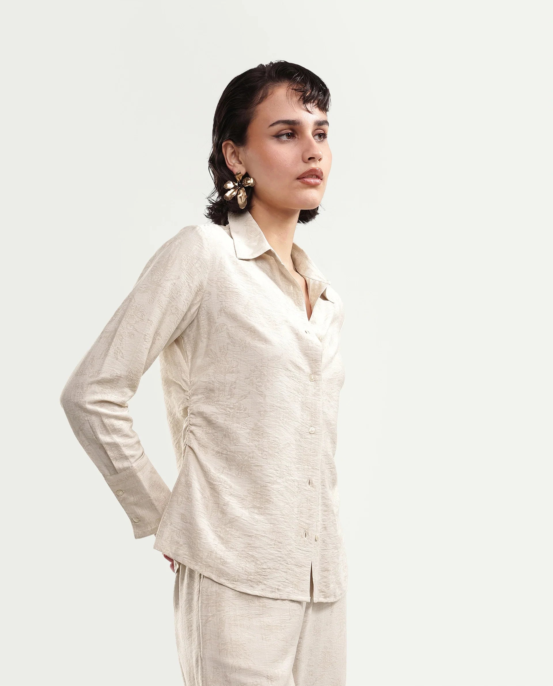 Rareism Women's Ivish-T Primary Beige Viscose Blend Spread Collar Button Regular Jacquard Shirt