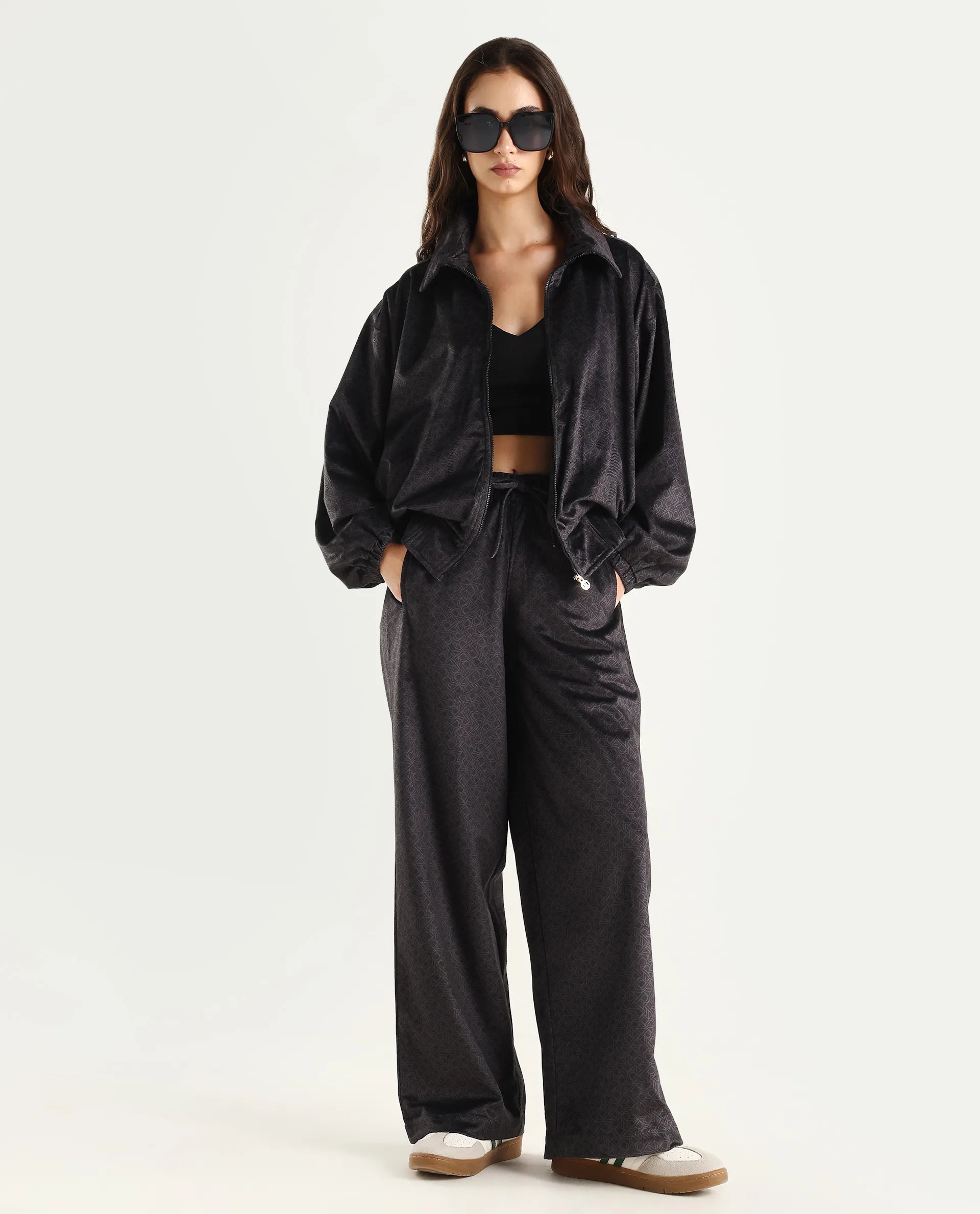 Rareism Women's Jacamo-B Black Polyester Straight Monogram Print Trouser