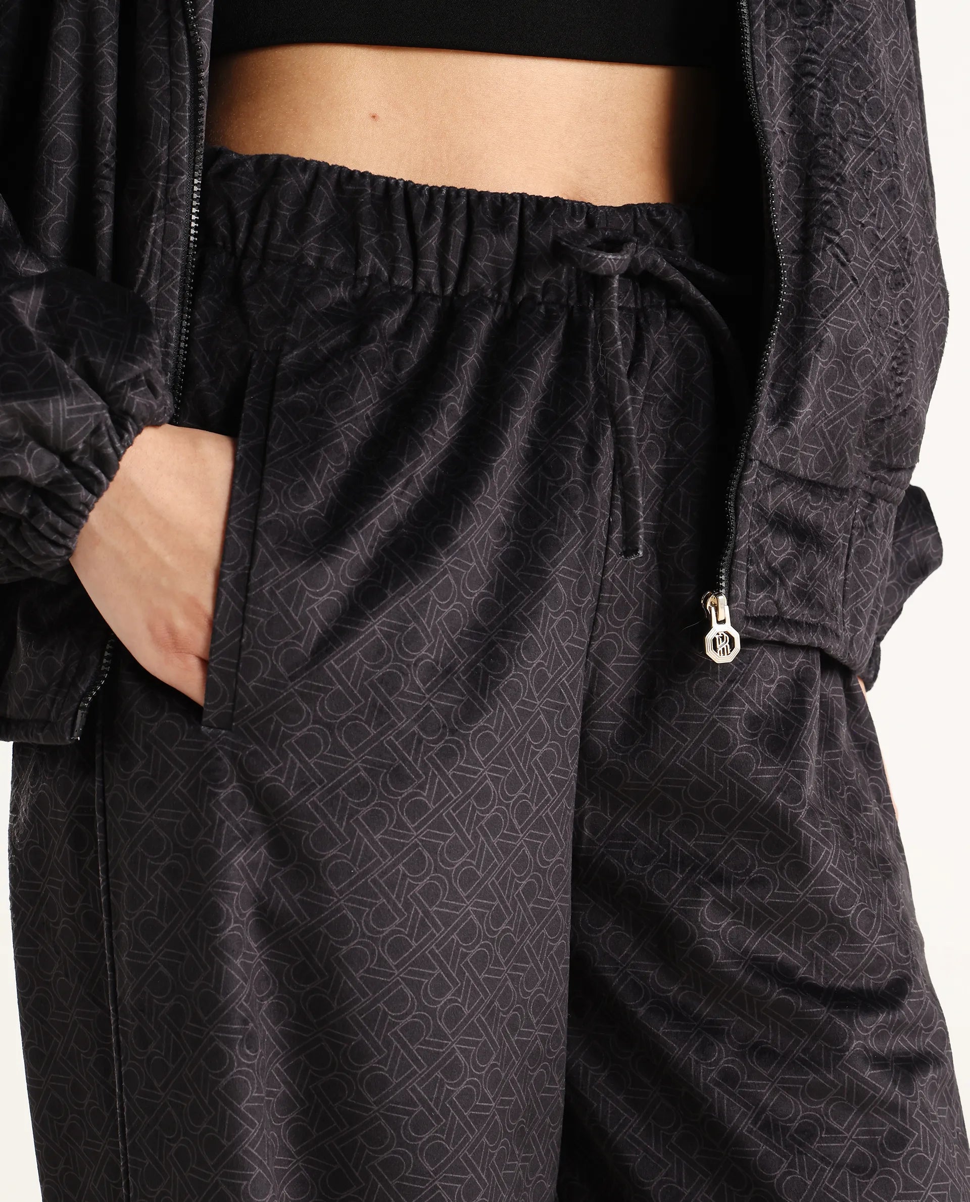 Rareism Women's Jacamo-B Black Polyester Straight Monogram Print Trouser