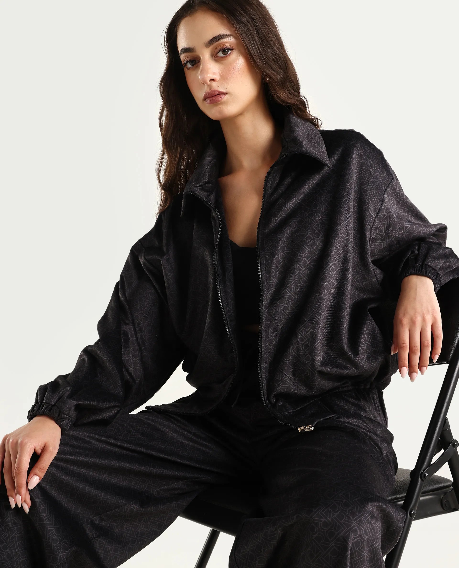 Rareism Women's Jacamo-T Black Polyester Spread Collar Relaxed Monogram Print Jacket