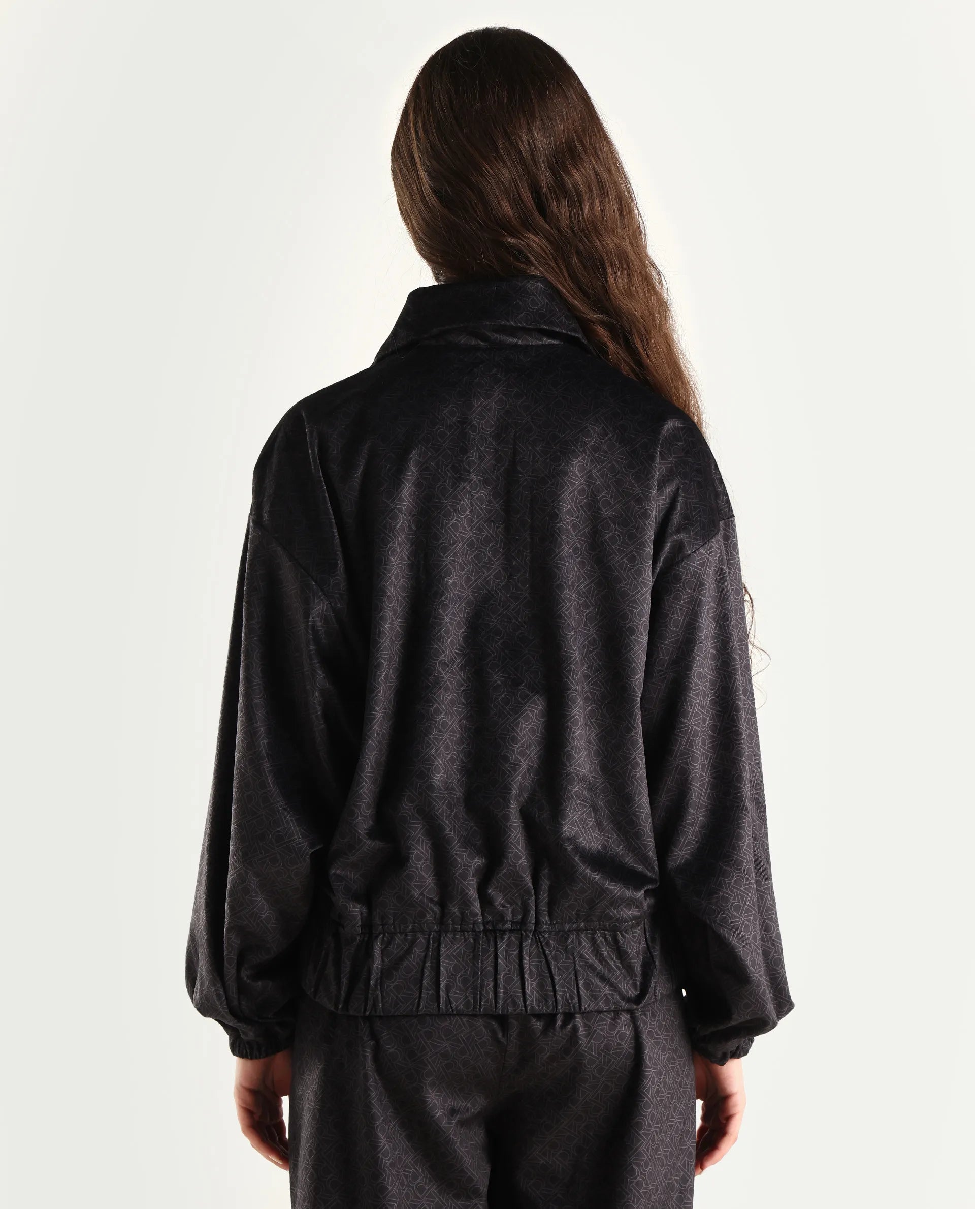 Rareism Women's Jacamo-T Black Polyester Spread Collar Relaxed Monogram Print Jacket