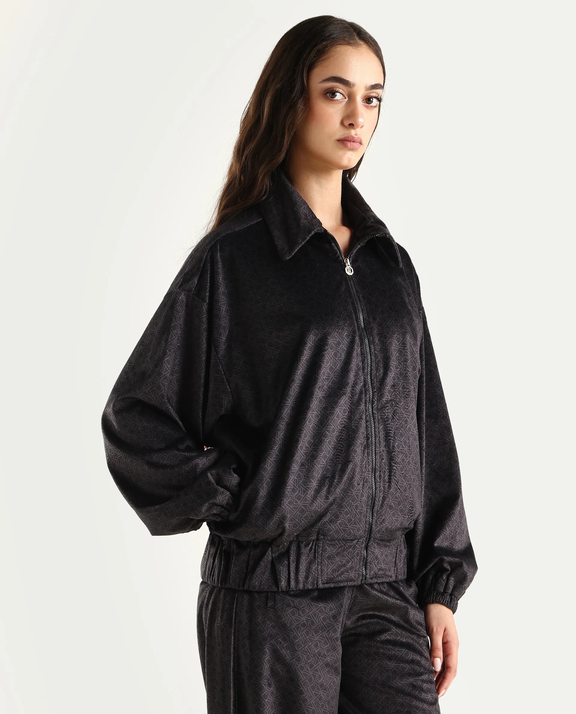 Rareism Women's Jacamo-T Black Polyester Spread Collar Relaxed Monogram Print Jacket