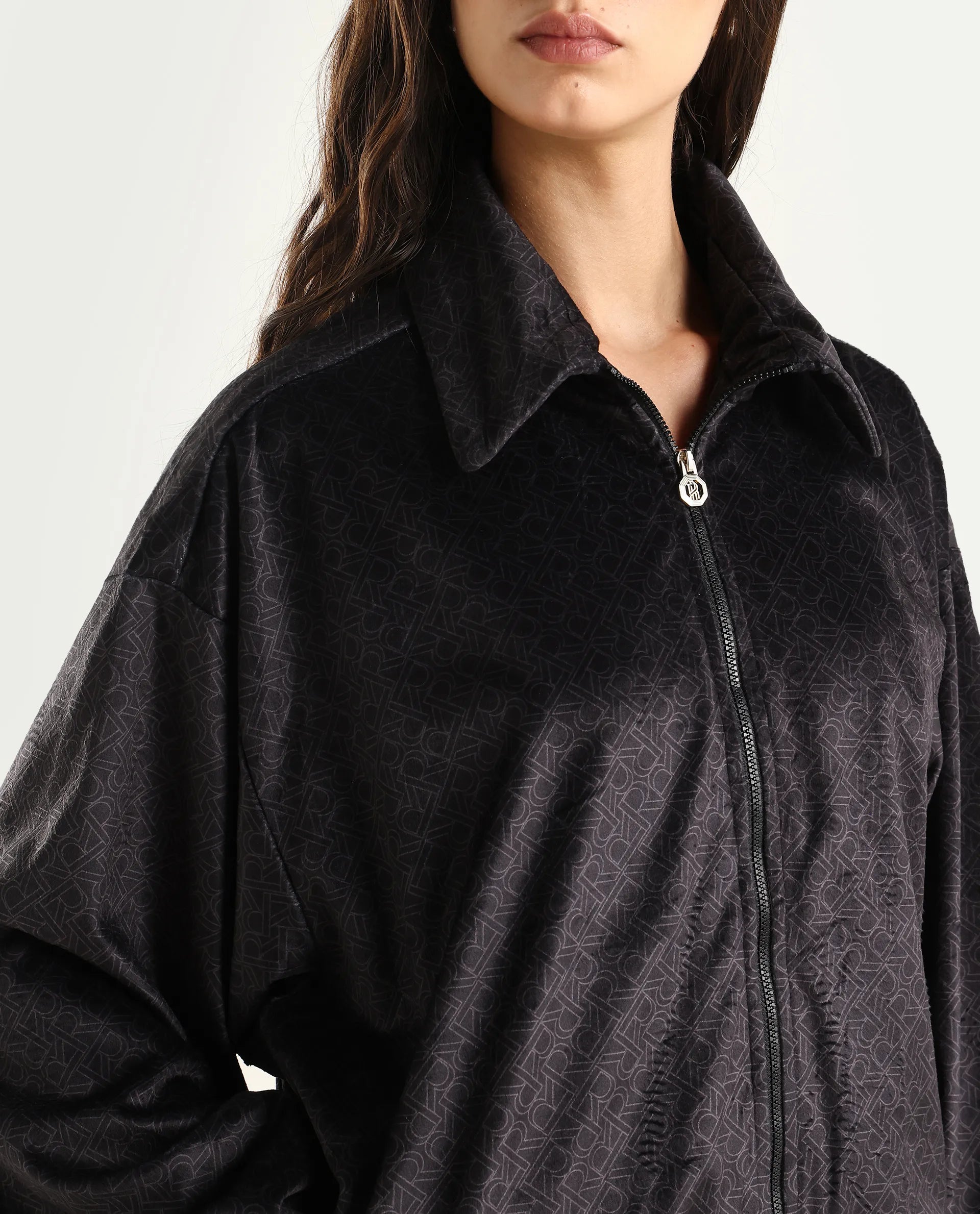 Rareism Women's Jacamo-T Black Polyester Spread Collar Relaxed Monogram Print Jacket