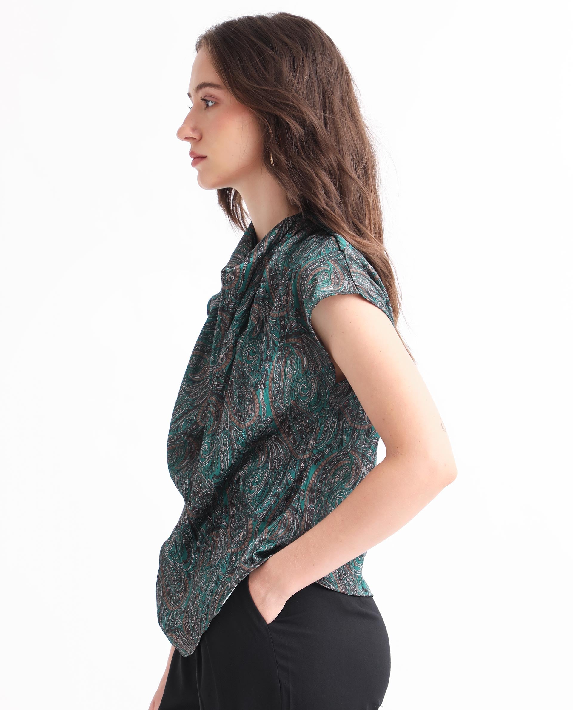 Rareism Women Jadeny Dark Green Polyester Fabric Short Sleeves Button Closure Cowl Neck Extended Sleeve Regular Fit Paisley Print Blouse Top