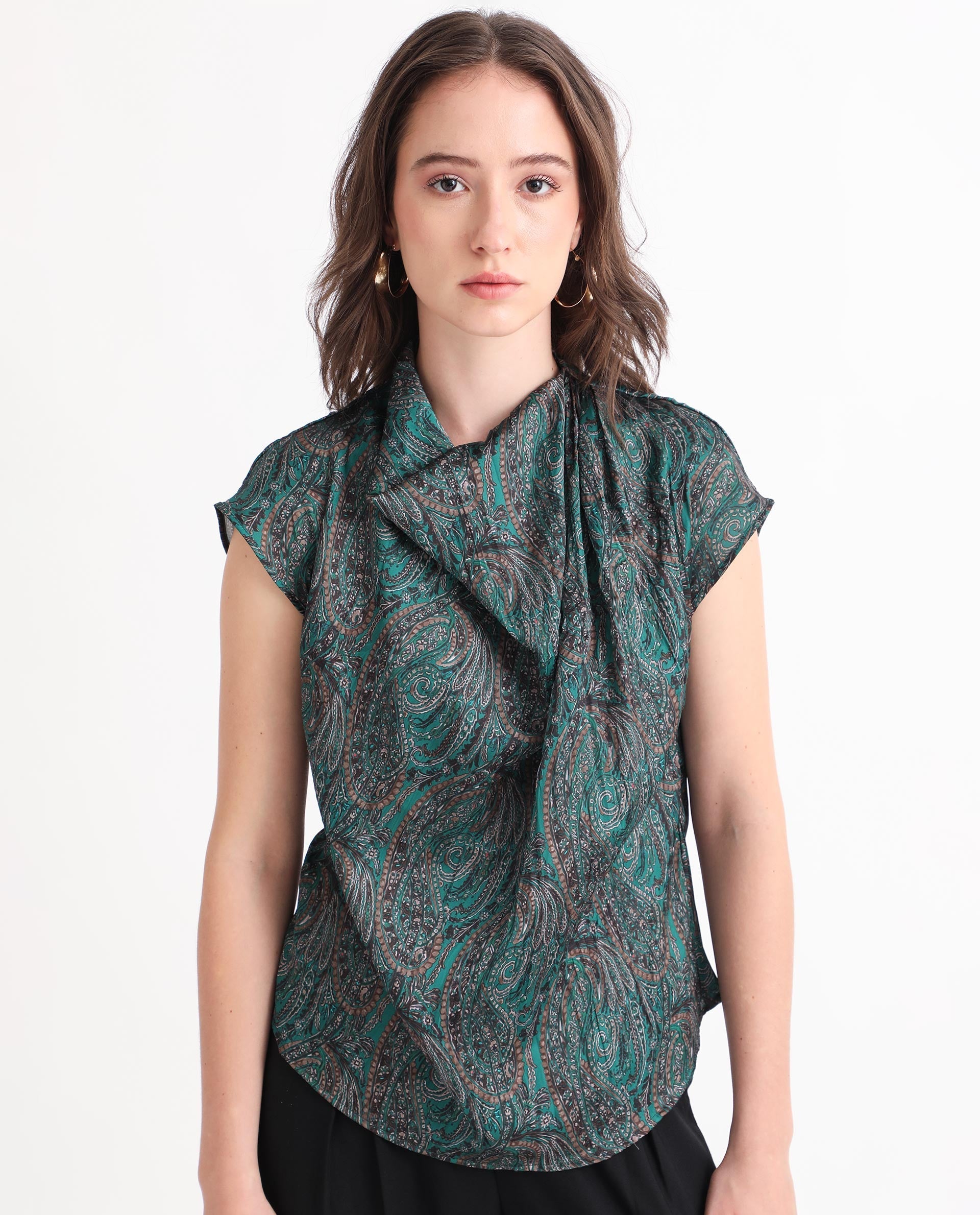 Rareism Women Jadeny Dark Green Polyester Fabric Short Sleeves Button Closure Cowl Neck Extended Sleeve Regular Fit Paisley Print Blouse Top