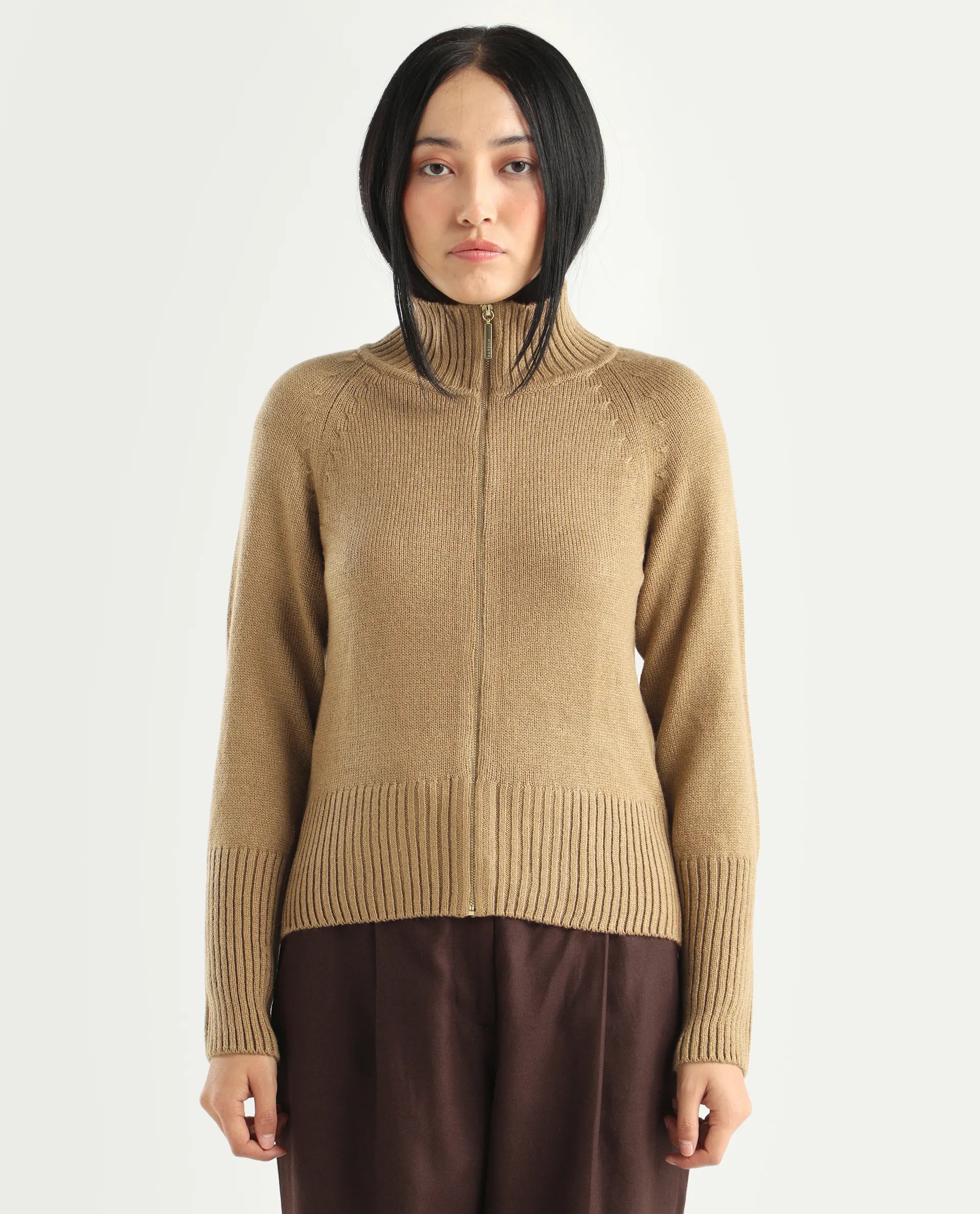 Rareism Women's Jaggero Dark Beige Acrylic High Neck Relaxed Fit Plain Jacket