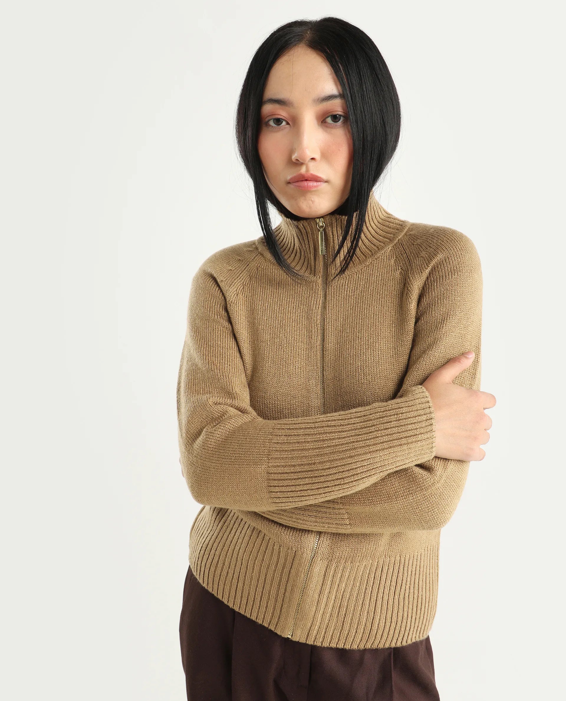 Rareism Women's Jaggero Dark Beige Acrylic High Neck Relaxed Fit Plain Jacket