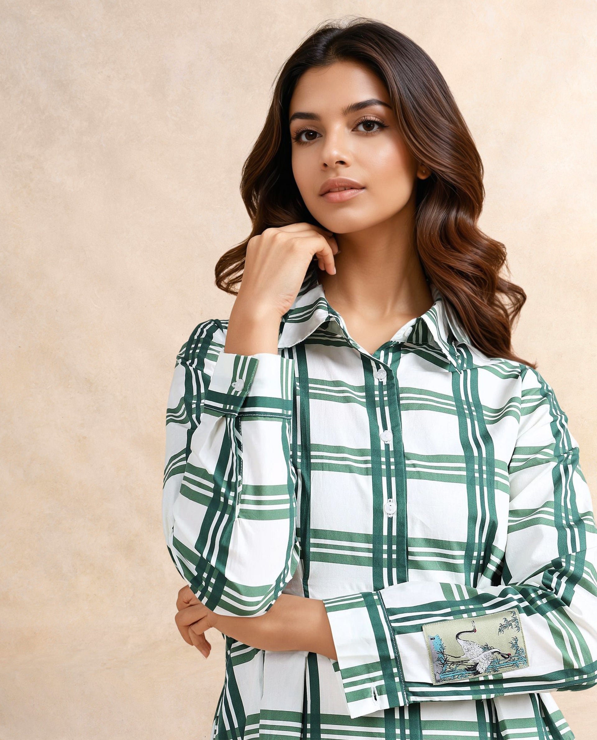 Rareism Women's Jalopim Light Ecru Cotton Drop Collar Flannel Print Cuffed Sleeve Mini Fit And Flare Dress